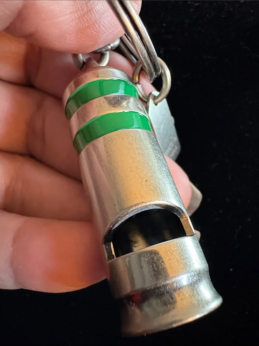 Coach Silver-tone Military Style Whistle Keychain with Green Stripes